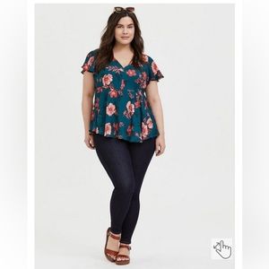 Torrid Teal Floral Peplum Top with Pink Blooms